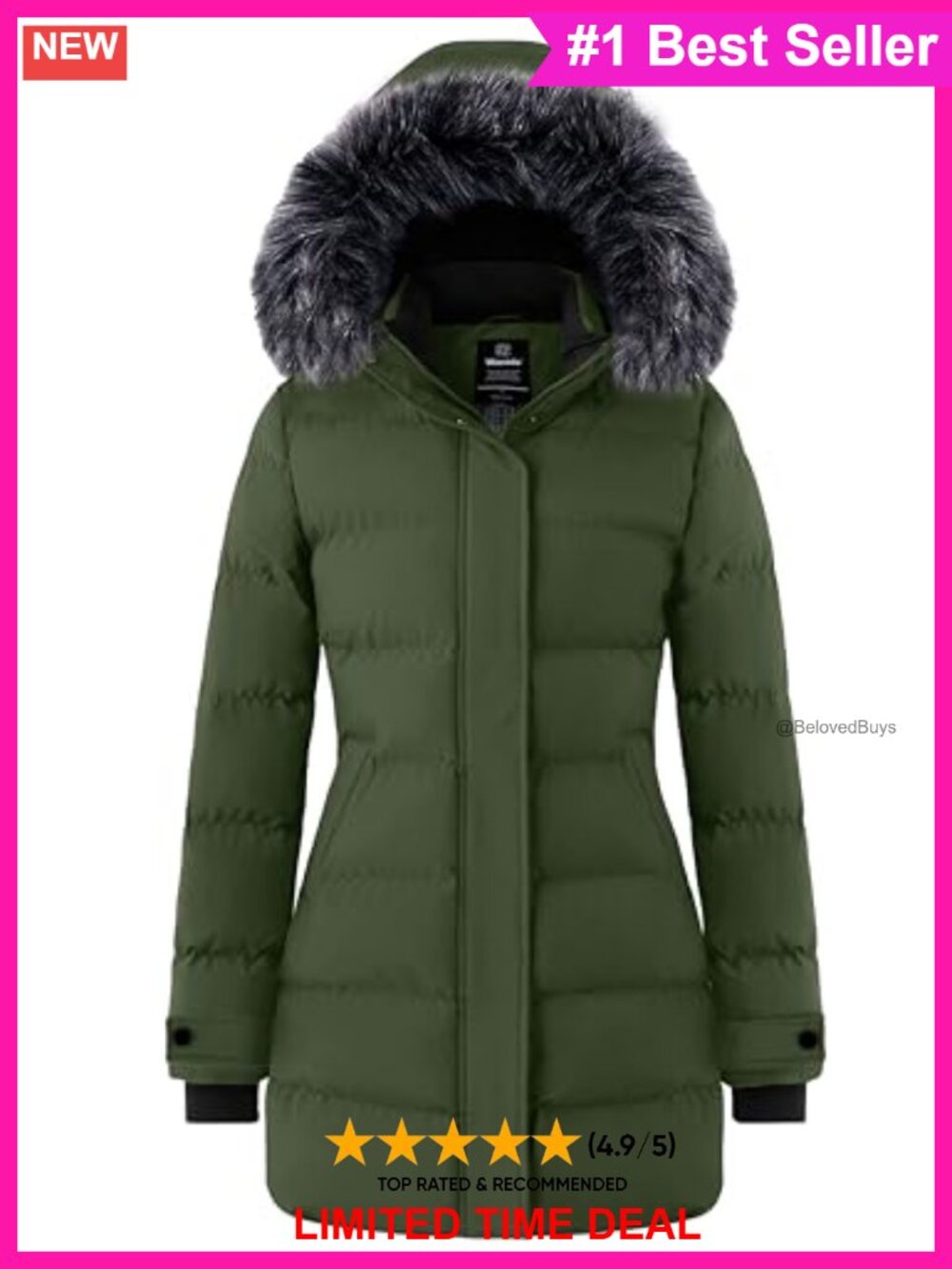 Quilted Winter Puffer Jacket Faux Fur Hood Waterproof Coat